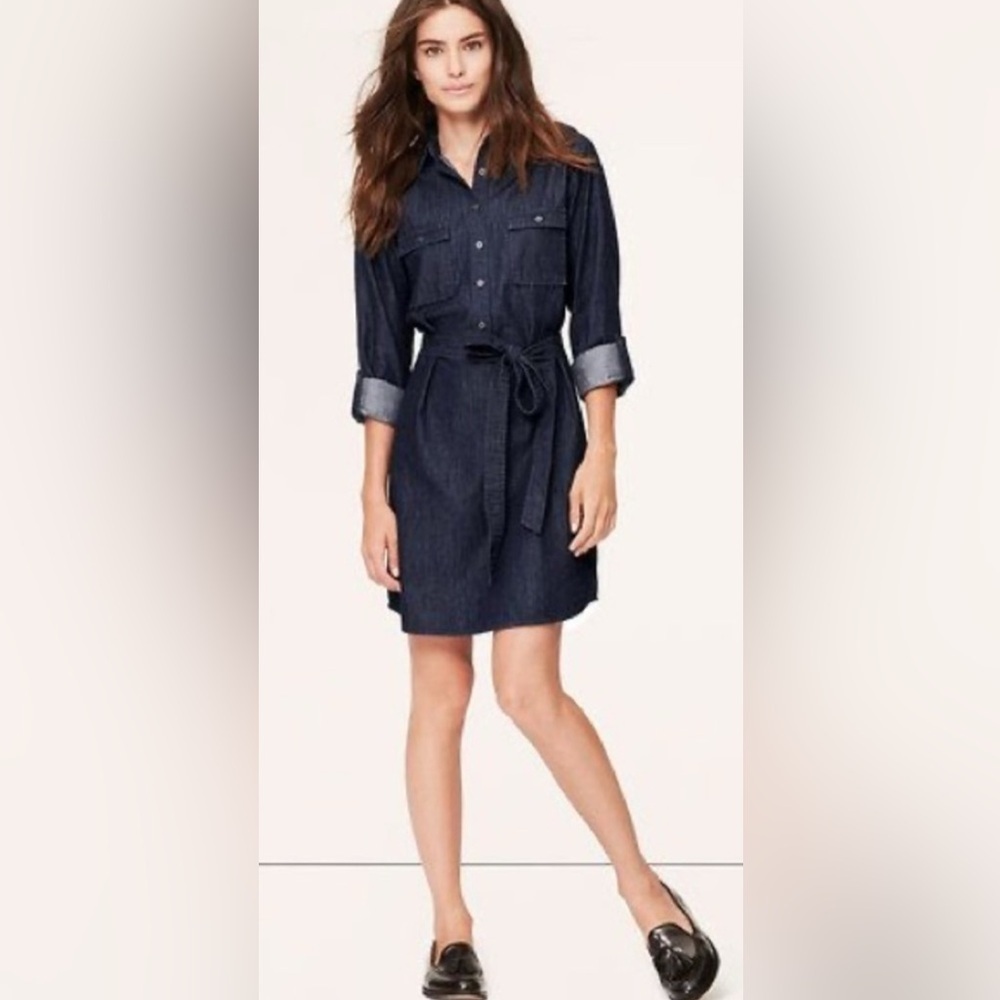 Loft Dark Denim Chambray Lightweight Casual Business Shirt Dress Sm